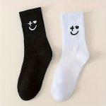 2 Pairs Of Men's Smiling Face Embroidery Pattern Crew Socks Breathable Comfy Casual Street Style Unisex Socks For Men's Outdoor