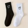 2 Pairs Of Men's Smiling Face Embroidery Pattern Crew Socks Breathable Comfy Casual Street Style Unisex Socks For Men's Outdoor Wearing All Seasons Wearing