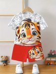 2-PIECE Boys Casual Outfit Set Cute Tiger Print Versatile Short Sleeve Tee & Shorts Comfy Summer Clothes