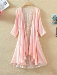 1PC Women's Casual Style Cardigan Mid-length Lace Stitching Long Sleeves V Neck Sheer Cover Up Shirt Beach Vacation