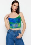 Patterned Fitted simple Crop And Tulle Stretch Blouse - Grun