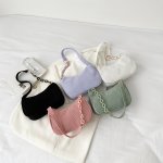 Girl's Casual Fashion Solid Color Corduroy Clutch Bag With Zipper Closure And Chain Strap Simple Trendy Hand Bag For Travel And