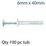Nyl Nail-in Fixing 6 X 40MM Mushroom 100 Psc Per Tub
