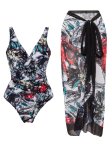 Tropical Print Two Pieces Swimsuit V Neck Tummy Control High Cut With Cover Up Wrap Swimsuit Women's Swimwear & Clothing For Hol