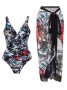 Tropical Print Two Pieces Swimsuit V Neck Tummy Control High Cut With Cover Up Wrap Swimsuit Women's Swimwear & Clothing For Holiday