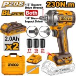 Ingco 2-IN-1 20V Bl Cordless Impact Wrench & Driver 230NM 2.0AH Kit CIWLI20236