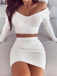 Ribbed Solid Two-piece Skirt Set Crop Long Sleeve T-Shirt & Skirt Outfits Women's Clothing