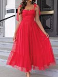 Mesh Knot Strap A-line Dress Elegant Swiss Dot Sweetheart Neck Ruffle Hem Dress For Party & Banquet Women's Clothing