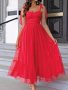 Mesh Knot Strap A-line Dress Elegant Swiss Dot Sweetheart Neck Ruffle Hem Dress For Party & Banquet Women's Clothing