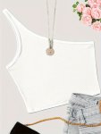 Solid One Shoulder Crop Top Versatile Sleeveless Slim Crop Tank Summer Top Women's Clothing
