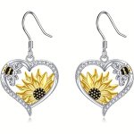 Hollow Heart Shape With Sunflower Bee Decor Retro Boho Hook Earrings Alloy Zirconia Jewelry Trendy Gift