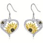 Hollow Heart Shape With Sunflower Bee Decor Retro Boho Hook Earrings Alloy Zirconia Jewelry Trendy Gift