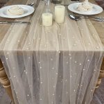 1PC Table Runner Wedding Veil Beaded Pearl Lace Fabrics Table Decorations Soft Tulle Tablecloth For Wedding Party And Holiday De
