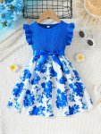 Flower Splicing Ribbed Ruffle-sleeve Dress For Girls A-line Sweet Comfy Dresses For Spring Summer Casual Wear Gift