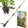 Weed Puller Tool Stand Up Heavy Duty Weed Remover Tool With Long Handle Foot Platform Design - 4 Claw Steel Head Weeder Tool Bamboo
