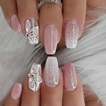 24PCS Glossy Long Ballet Fake Nails Gradient Pinkish Press On Nails With Flower And Shiny Sequin Rhinestone Design Sparkling Ful