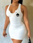 Queen Of Hearts Print Notched Neck Tank Dress Sexy Sleeveless Bodycon Dress For Spring & Summer Women's Clothing