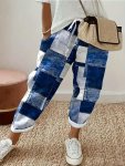 Plus Size Patchwork Print Pants Casual Drawstring Waist Pants For Spring & Summer Women's Plus Size Clothing