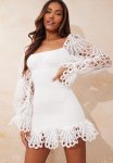 White Lace Sleeve Shirred Bodycon Dress - White