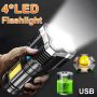Powerful 4 LED Flashlight With COB Side Light 4 Modes USB Rechargeable Flash Light Waterproof ABS Torch Camping Tool