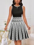 Geo Print Splicing Tank Dress Elegant Sleeveless Crew Neck Dress For Spring & Summer Women's Clothing