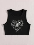 Spider Web Print Crop Tank Top Casual Crew Neck Sleeveless Summer Top Women's Clothing