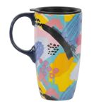 Topadorn 17OZ Ceramic Coffee Mug With Lid Abstract 80S Pop Art Mug Colorful Graffiti Porcelain Tea Cup Microwave Dishwasher Safe