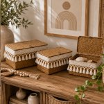 Set Of 3 Woven Storage Basket Set With Lid And Tassel Trim
