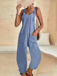 Casual Solid Textured Knot Detail Jumpsuit Round Neck Loose Fit Tank Jumpsuit With Pockets Women's Sleepwear & Loungewear