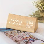 1PC LED Triangle Digital Alarm Clock Multifunctional Wooden Alarm Clock Display Time Temperature Humidity Adjustable Brightness