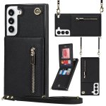 For Samsung Galaxy S22 5G Cross-body Square Zipper Card Holder Bag Phone Case Black