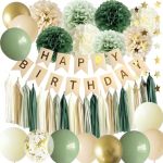Ansomo Sage Green Happy Birthday Party Decorations Retro Green Nude Ivory Dark Olive Kraft Paper Banner Balloons Neutral Rustic