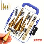 7PCS Titanium-coated Hss Co Step Drill Bit Set -straight Groove Cone Hole Cutter Automatic Center Punch & Spiral Twist Saw Drill