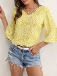 Floral Print V Neck Blouse Casual Ruffle Sleeve Blouse For Spring & Summer Women's Clothing