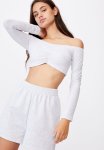 Long Sleeve Ruched Front Off Shoulder Top - Grey