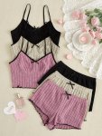 3 Sets Casual Solid Ribbed Pajama Set Lettuce Trim V Neck Crop Cami Top & Elastic Shorts Women's Sleepwear & Loungewear