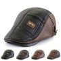 1PC Faux Leather Duckbill Newsboy Cap Herringbone Middle-aged Men's Flat Peaked Cap For Men Ideal Choice For Gifts