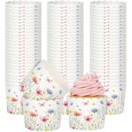 Qinyoung 150 Pcs Wildflower Cupcake Wrappers Liners Floral Paper Baking Cups Greaseproof Disposable Scalloped Flower Cupcake Muf