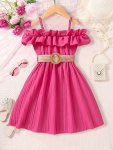 Frill Trim Off-shoulder Dress For Girls Comfy Holiday Casual Dresses Girls Summer Clothing Gift