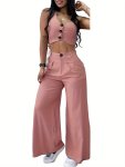 Elegant & Chic Matching Two-piece Set Button Front Crop Tank Top & Loose Pockets Pants Outfits Women's Clothing