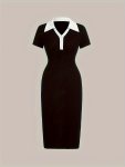 Contrast Trim Collared Dress Casual Short Sleeve Dress For Spring & Summer Women's Clothing