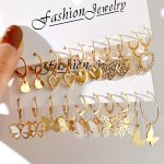 10 Pairs Set Of Golden Heart Butterfly Pendant Hoop Earrings Zinc Alloy Jewelry Vintage Elegant Style For Women Dating Gift