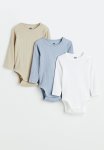 3-PACK Ribbed Bodysuits - Beige Blue & White