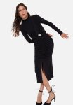 High Collar Draped Belted Knit Pencil Dress - Black