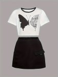 Trendy Girls 2PCS Butterfly Letter Graphic Short Sleeve T-Shirt Top + Solid Skirt Set For Summer