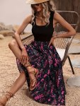 Floral Print Scoop Neck Tank Dress Vacation Style Sleeveless A-line Ankle Length Dress For Spring & Summer Women's Clothing