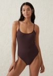 Cotton On Thin Strap Low Scoop One Piece Cheeky - Willow Brown Crinkle