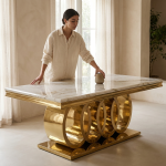 Modern Rectangular Dining Table With Decorative Metal Base - Silver