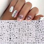 5 Sheets Valentines Nail Stickers Black Heart Nail Art Sticker Decal Solid Hollow Heart 3D Self-adhesive Nail Design For Acrylic