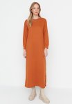 Hem Knitted Dress With Button - Brick